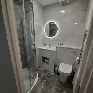 uma casa de banho com um WC, um lavatório e um chuveiro em Atlantic Port Retreat em Portstewart