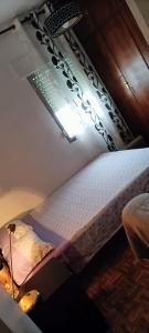 Bett in einem Zimmer mit einer Lampe und einem Fenster in der Unterkunft La Doñita2 in Madrid