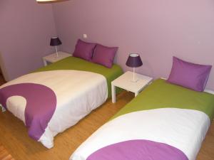 フンシャルにあるCozy Apartments Downtown - Funchal - Madeiraの紫と緑の部屋のベッド2台