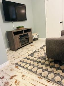sala de estar con TV, sofá y alfombra en Cozy Main Level 2 Bedroom Apartment next to DIA en Commerce City