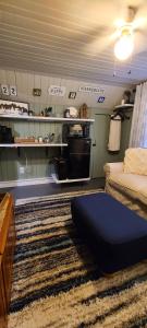 een woonkamer met een bed en een tapijt bij Riverside Retreat in Hendersonville