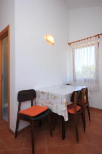 ein Esszimmer mit einem Tisch, Stühlen und einem Fenster in der Unterkunft Apartment Ilovik 8069a in Ilovik