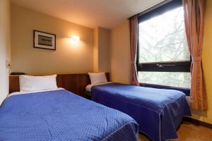deux lits dans une chambre avec une fenêtre dans l'établissement ホテルにれの樹, à Hakuba