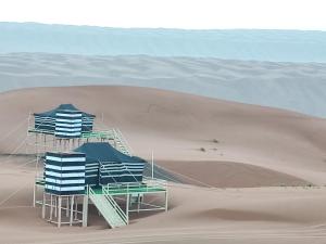 two blue and green beach huts in the desert at Oman desert private camp in Shāhiq