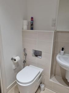 a bathroom with a white toilet and a sink at Chi's apartment in Barking