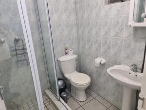 uma casa de banho com um WC, um chuveiro e um lavatório. em Margate Beachfront Apt for 6 adults 2 kids em Margate