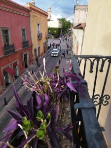 a balcony with purple flowers on a city street at Lele Panchito y Lavanda Juntos en el Centro in Querétaro