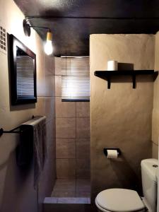 uma casa de banho com um chuveiro, um WC e um lavatório. em Cango Retreat Breathe em Oudtshoorn