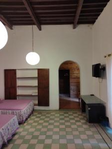a bedroom with two beds and a television in a room at Lele Panchito y Lavanda Juntos en el Centro in Querétaro