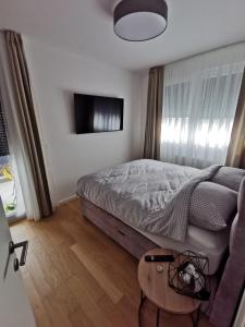 a bedroom with a bed and a tv and a table at Apartman ARIA in Zagreb