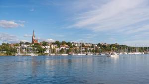 a view of a large body of water with boats at Ferienwohnung Storchennest in Hürup