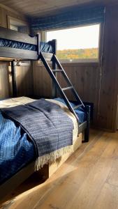 ein Schlafzimmer mit einem Etagenbett und einem Fenster in der Unterkunft Flott leilighet i Vestlia - ski in/ski out in Geilo