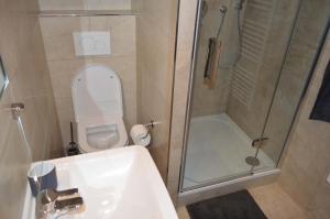 a bathroom with a shower and a toilet and a sink at Atrium Apartments in Brno