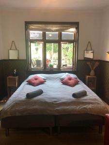 ein Schlafzimmer mit einem großen Bett mit roten Kissen in der Unterkunft Køge Bed & Kitchen - Rooms in Køge