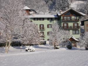 ein großes Gebäude mit schneebedeckten Bäumen davor in der Unterkunft Hotel Miravalle in Imer