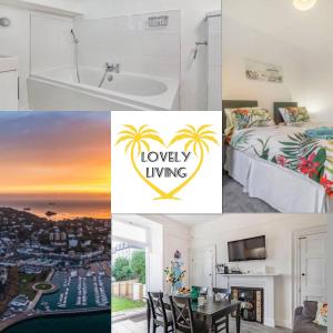 un collage de fotos de un dormitorio y un baño en Lovely Heather House 2 king 1 double 2 single beds en Torquay