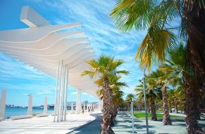 eine Gruppe von Palmen am Strand mit einem Gebäude in der Unterkunft Guests House Mercado Malaga in Málaga
