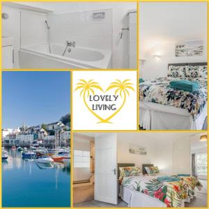 un collage de fotos de una habitación de hotel con cama y baño en Lovely Heather House Accommodation 3 kings 1 double sofa en Torquay