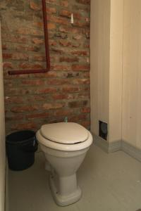 a white toilet in a room with a brick wall at Unique loghouse and wood heated sauna in Ii in Ii