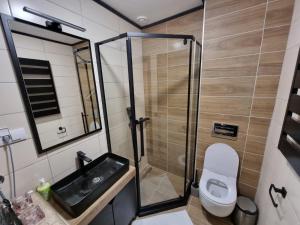 a bathroom with a shower and a toilet and a sink at Rajski kutak - Centar in Kopaonik