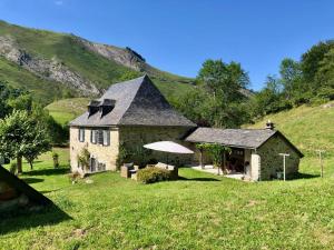 una casa in un campo con una montagna sullo sfondo di Le Domaine de Castille - maison pyrénéenne de charme - spa de nage ad Arrens-Marsous