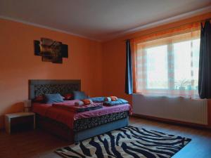 1 dormitorio con cama, ventana y alfombra de cebra en Lovas Vendégház, en Óbánya
