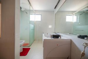 a bathroom with a sink and a toilet and a mirror at spacious & stylish 4bdr kileleshwa in Nairobi