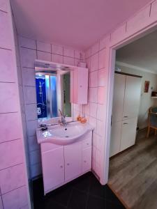Baño rosa con lavabo y espejo en Ferienwohnung an der Dresdner Heide - Langebrück, en Dresden