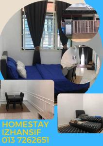 eine Collage mit Fotos eines Zimmers mit einer blauen Couch in der Unterkunft Homestay Muslim D Permata Izhansif in Bandar Penawar