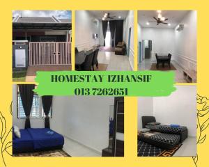 eine Collage mit Fotos von einem Wohnzimmer und einem Haus in der Unterkunft Homestay Muslim D Permata Izhansif in Bandar Penawar