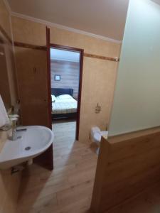 1 dormitorio con 1 cama y baño con lavabo. en Volyn HOTEL LUDMIR en Volodymyr-Volynsʼkyy