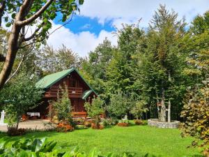 une cabane en rondins dans les bois avec une cour dans l'établissement Vikendica Crkvina, à Kolašin