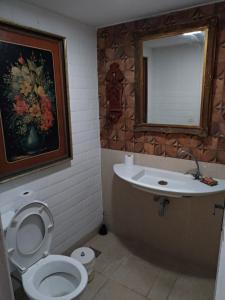 un bagno con lavandino, water e specchio di Estúdios Deluxe São Manuel a Rio de Janeiro Altre 34 foto