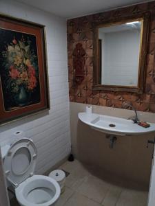 a bathroom with a sink and a toilet and a mirror at Estúdios Deluxe São Manuel in Rio de Janeiro