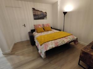 um quarto com uma cama com um cobertor amarelo em Besançon appartement T2 sur cour intérieure proximité gare em Besançon