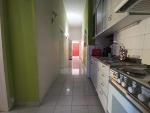 a kitchen with green and white walls and a hallway at Center Appartment in Tirana