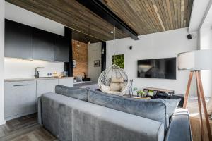 a living room with a couch and a kitchen at CUTE Apartment Šiauliai FREE Parking in Šiauliai +19 photos