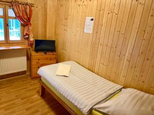 Dormitorio pequeño con cama y TV en Penzion Horajda, en Vítkovice