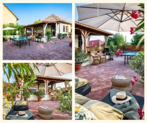 a collage of four pictures of a house with a patio at Casa Elisabetta Apartmanház in Gárdony