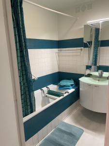 een blauwe en witte badkamer met een bad en een wastafel bij Appartement en plein cœur d'Aix-les-Bains in Aix-les-Bains