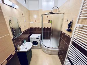 La salle de bains est pourvue d'une douche, de toilettes et d'un lavabo. dans l'établissement Apartmán Pod fontánou, à Kremnica