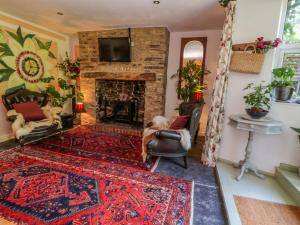 a living room with a fireplace and a tv at Lily Pad in Okehampton