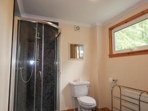 a bathroom with a shower and a toilet and a window at Garden Lodge in Muir of Ord +10 photos