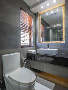uma casa de banho com um WC, um lavatório e um espelho. em Ataraxis Grand and Spa Fuvahmulah em Fuvahmulah