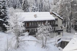 a house is covered in snow with trees at Residence Mirtillo Rosso in Folgarida