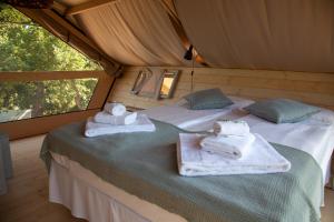 a bedroom with two beds with towels on them at Agriturismo Podere Prataccio in Scansano