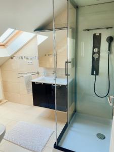 uma casa de banho com um chuveiro e um lavatório. em Hotel L'Empire em Olm