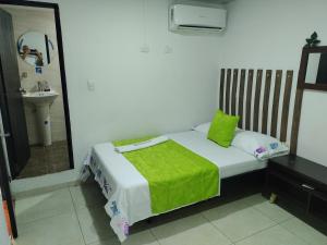 Schlafzimmer mit einem Bett, einem Waschbecken und einem Spiegel in der Unterkunft Hotel plaza centro in Florencia