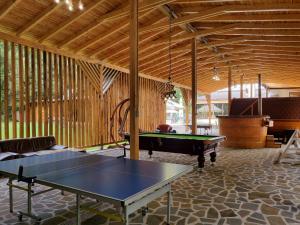 a room with a ping pong table in it at Doftana Nature Events in Trăisteni