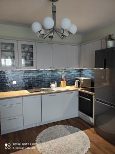 eine Küche mit weißen Schränken und einem schwarzen Kühlschrank in der Unterkunft Apartament na Wzgórzu Niebieski in Łańcut